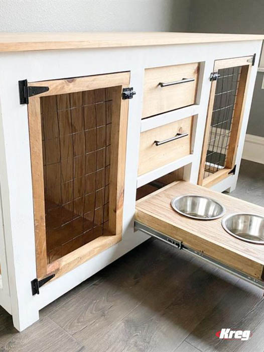 Center console table with a dog crate underneath